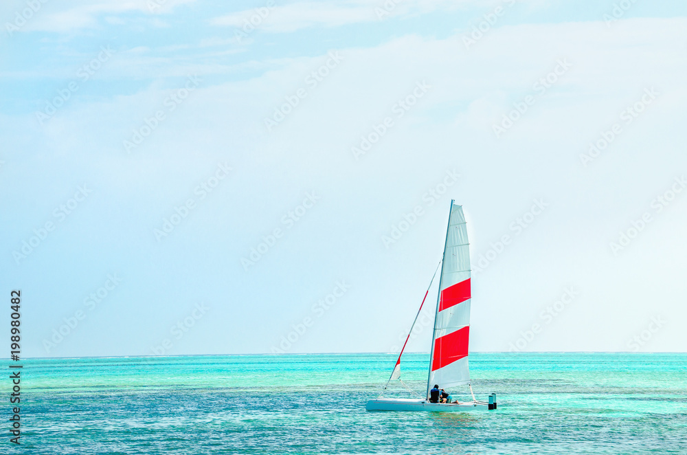 Naklejka premium Windsurfing board against the azure water of the Indian Ocean, Maldives