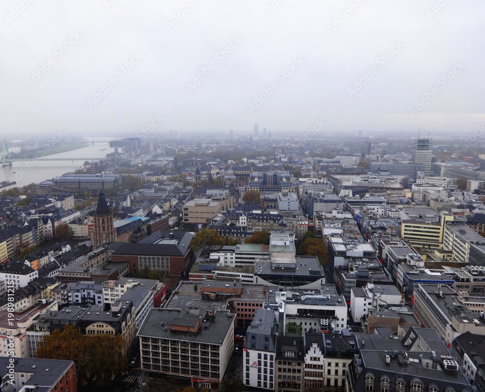 Aerial view of a part of Cologne on a cloudy spring day