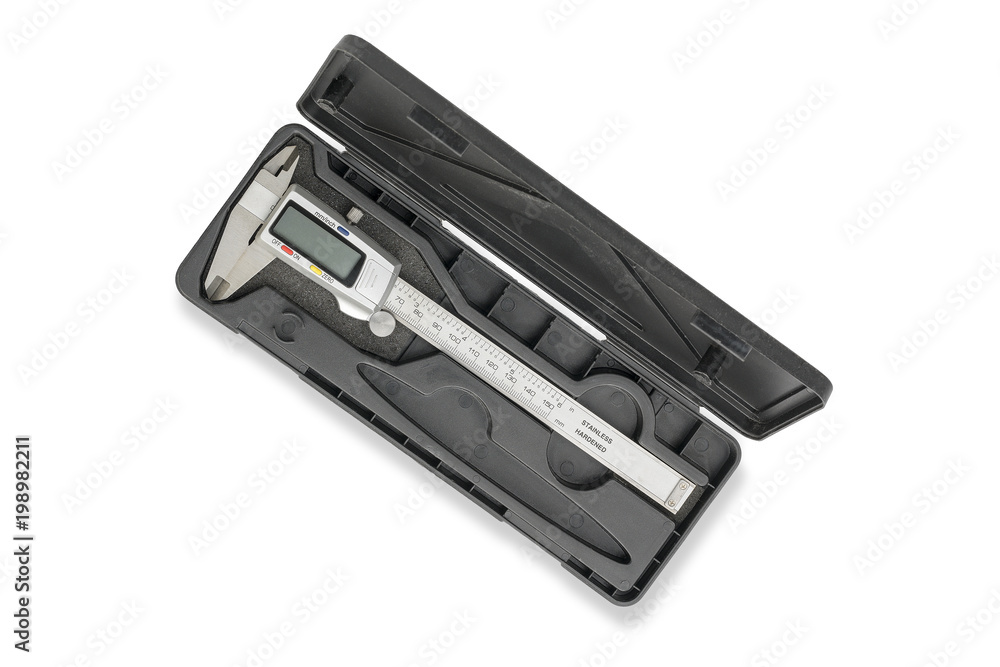 digital vernier caliper in a box, isolated on white digital vernier caliper in a box, isolated on white