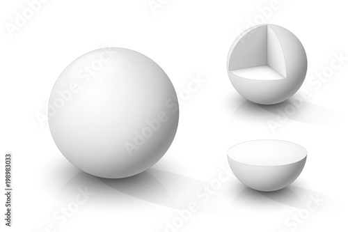 White sphere, cutaway sphere and hemisphere