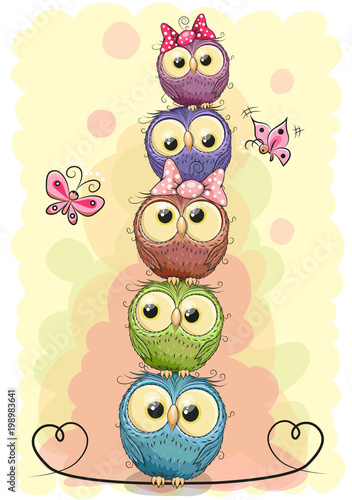 Five cute owls on a yellow background