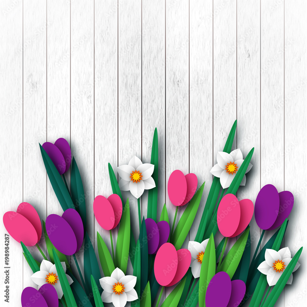Wooden texture with paper cut spring flowers tulip and narcissus. Template for greeting card, holiday background. Papercraft style. Vector illustration.