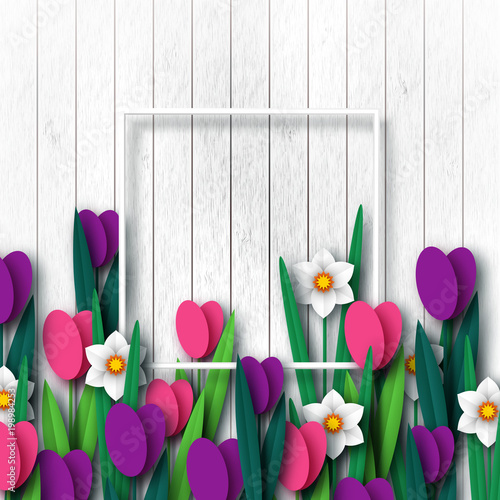 Fototapeta Naklejka Na Ścianę i Meble -  Wooden texture with paper cut spring flowers tulip and narcissus. Template for greeting card, holiday background. Papercraft style. Vector illustration.