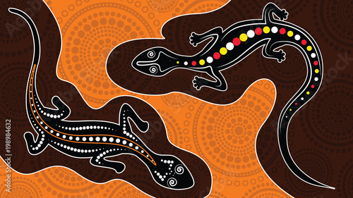 Lizard vector, Aboriginal art background with lizard, Landscape Illustration based on aboriginal style of dot painting.