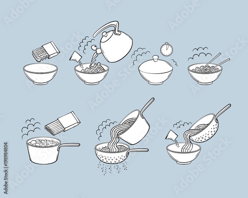 Step by step instant noodle and pasta cooking instructions, isolated black and white sketch style vector illustration. Cooking instant noodles and spaghetti, hand-drawn instructions, black and white