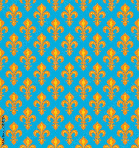 Royal Heraldic Lilies (Fleur-de-lys) — azure cerulean cyan & fleur d’orange joyeux, seamless velvet pattern, wallpaper background.