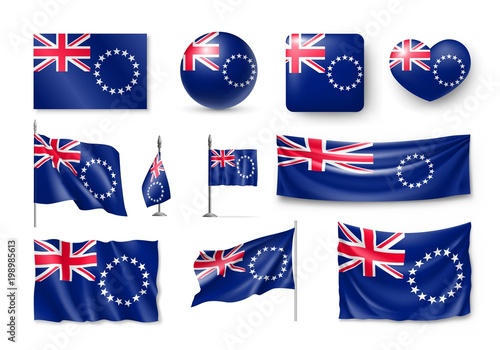 Set Cook Islands realistic flags, banners, banners, symbols, icon. Vector illustration of collection of national symbols on various objects and state signs