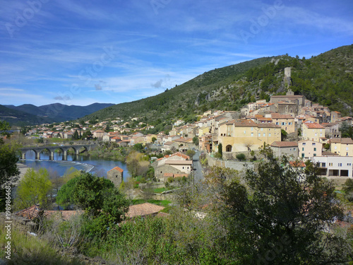 The village of Roquebrun sitting on the river Orb in the Haut Languedoc, France