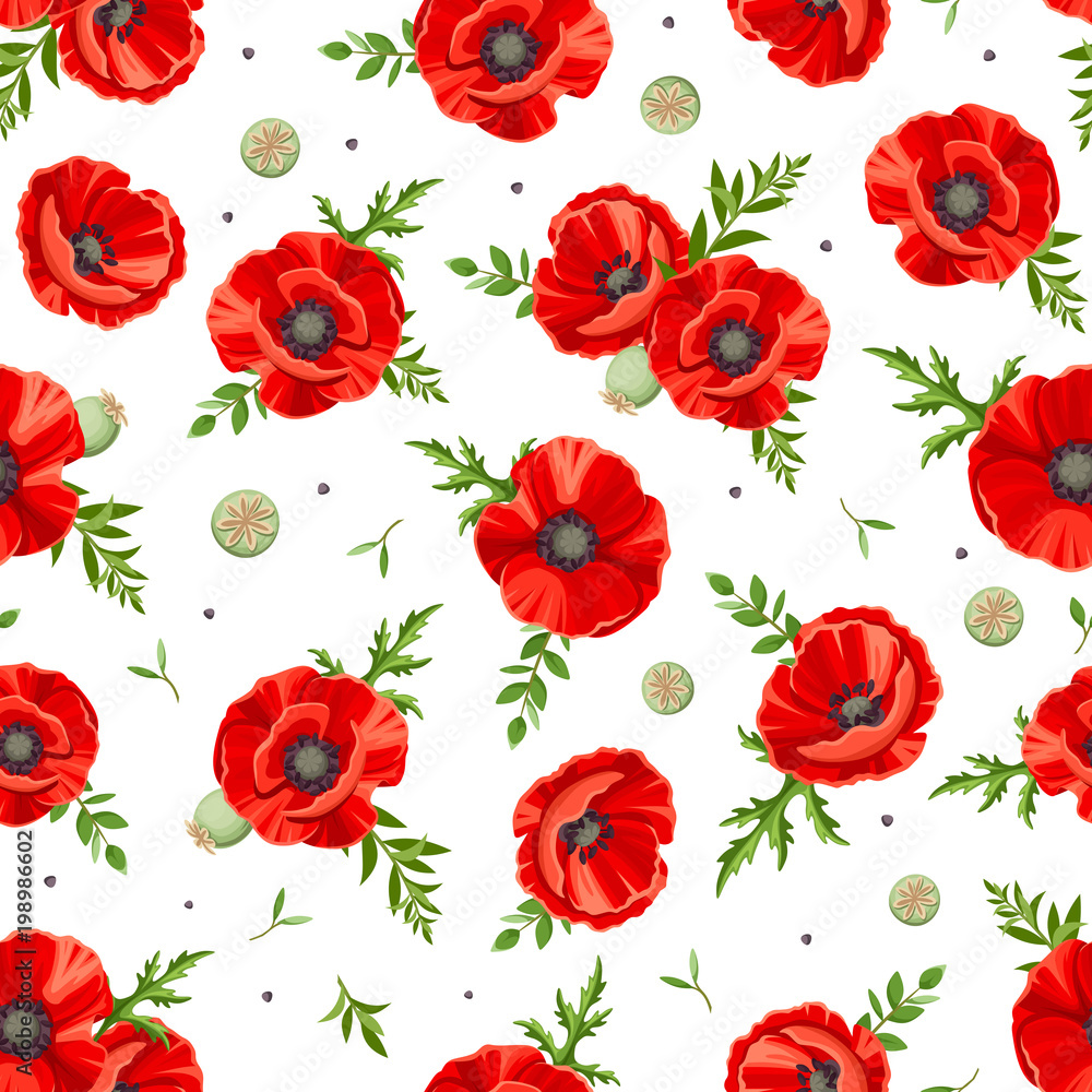 Vector seamless pattern with red poppies. Vector seamless pattern with red poppies.