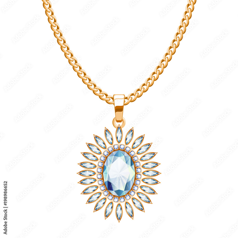 Golden chain necklace with diamond gemstone pendant. Golden chain necklace with diamond gemstone pendant.