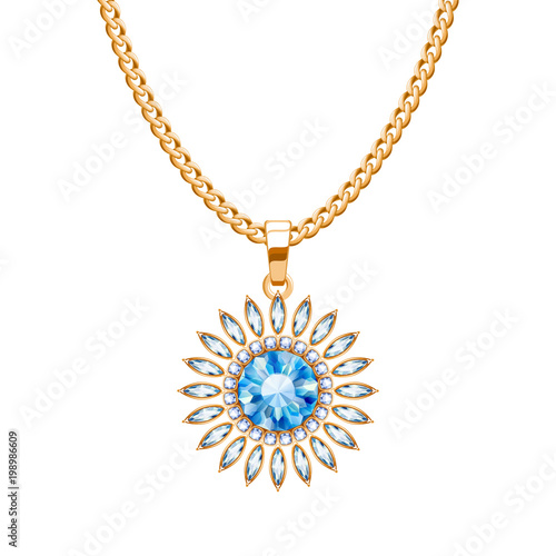 Golden chain necklace with blue gemstone pendant.