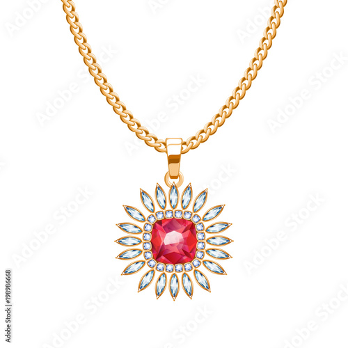 Golden chain necklace with ruby gemstone pendant.