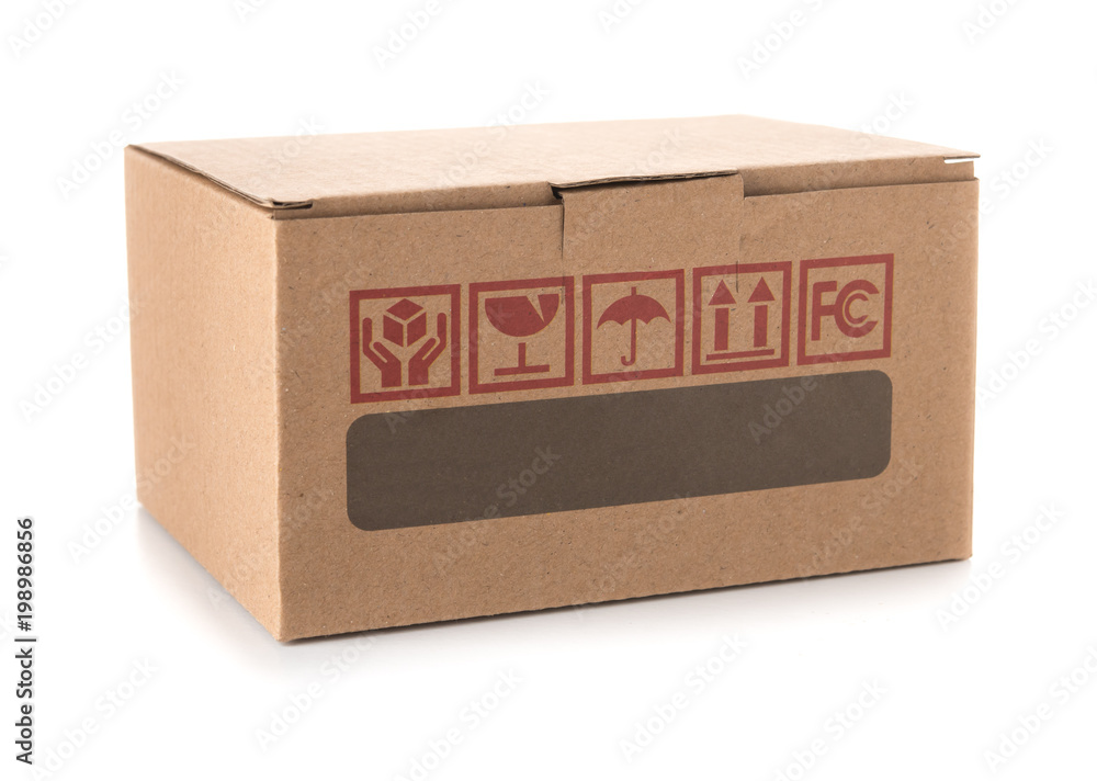 Brown paper cardboard box with logos fragile. umbrella, breaking or cracked glass isolated on white background Brown paper cardboard box with logos fragile. umbrella, breaking or cracked glass isolated on white background