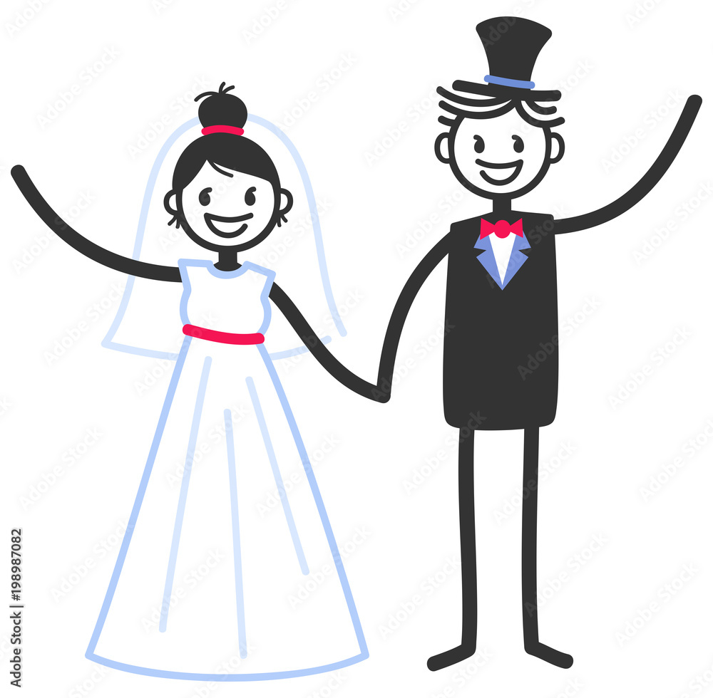 Vector wedding illustration of happy stick figures bridal couple holding hands and waving isolated on white background, wedding invitation template Vector wedding illustration of happy stick figures bridal couple holding hands and waving isolated on white background, wedding invitation template