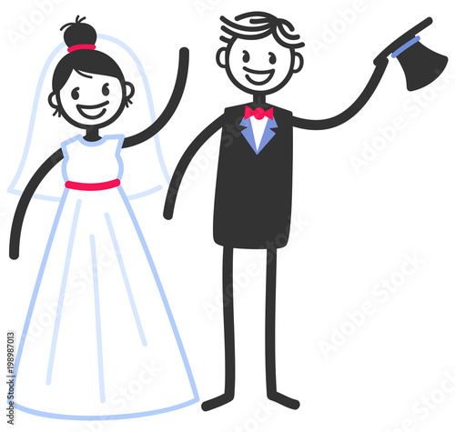 Vector wedding illustration of happy stick figures bridal couple waving and greeting isolated on white background, wedding invitation template