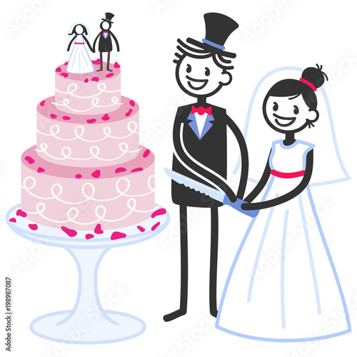 Vector illustration of cute stick figures bridal couple cutting wedding cake isolated on white background