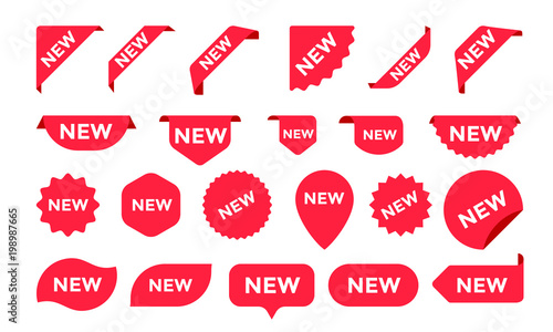 Stickers for New Arrival shop product tags, labels or sale posters and banners vector sticker icons templates photo