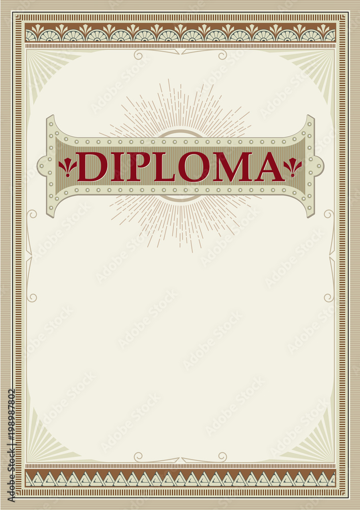 Ornate rectangular framework and banner, retro style. Template for certificate, diploma, announcement, label. A3 proportions. Lettering Diploma. Pattern brushes included.