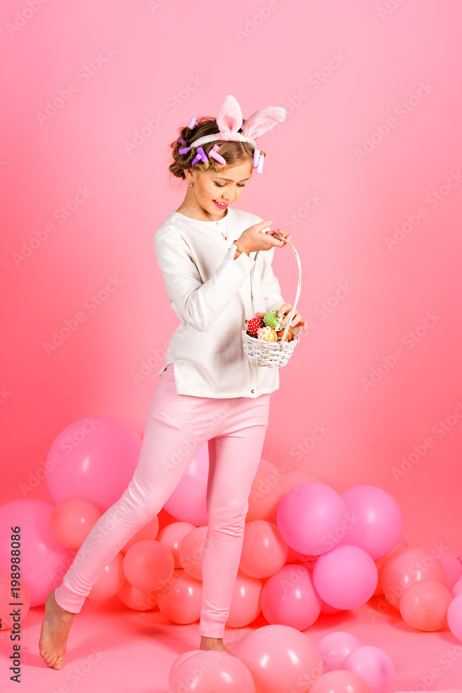 Easter, little girl in bunny ears with balloons. Easter, little girl in bunny ears with balloons.