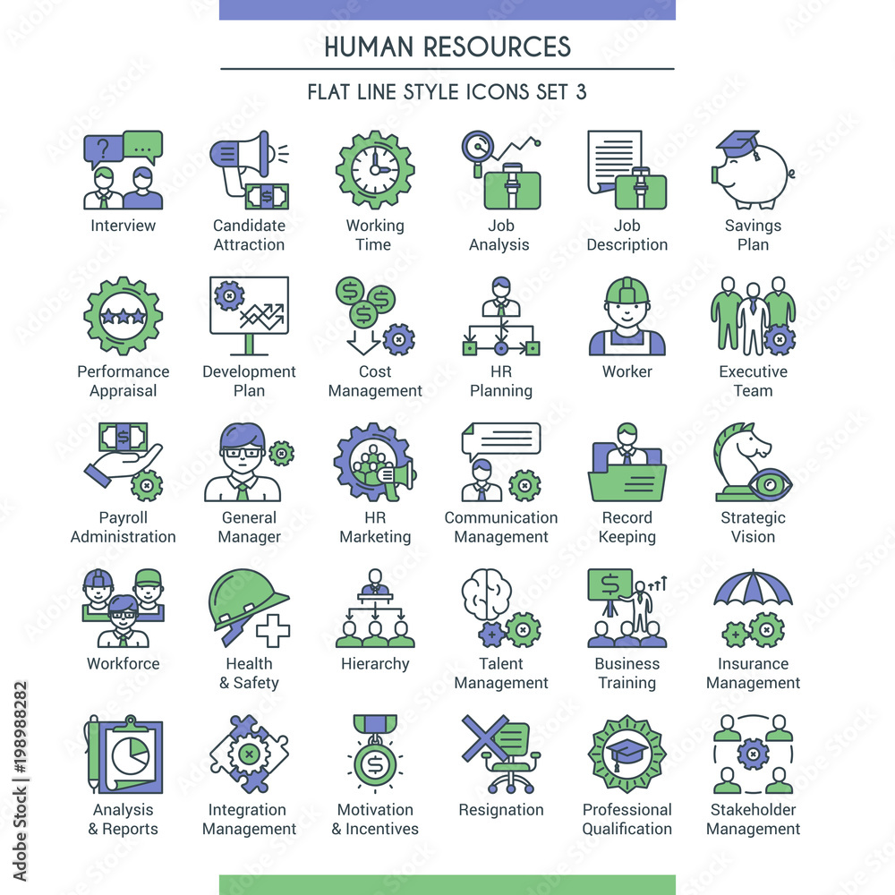 Business management and human resources icons. Modern icons on theme business people, analysis, organization, conference and office working. Flat line design icons collection. Vector illustration