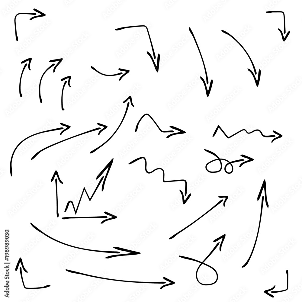 Set of vector curved arrows hand drawn. Sketch doodle style. Collection of pointers. Set of vector curved arrows hand drawn. Sketch doodle style. Collection of pointers.