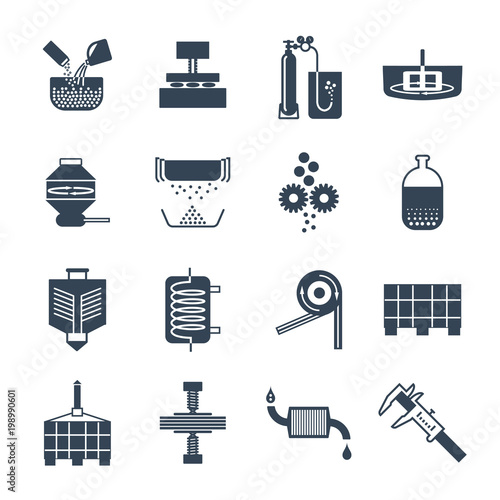 set of black icons industrial production, factory, equipment