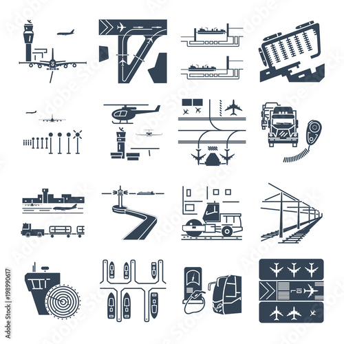 set of black icons transport infrastructure, road, air, sea