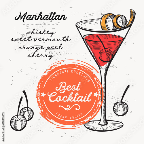 Cocktail manhattan for bar menu. Vector drink flyer for restaurant and cafe. Design poster with vintage hand-drawn illustrations.