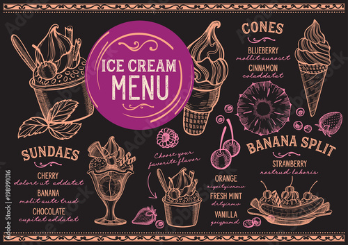 Ice cream restaurant menu. Vector dessert food flyer for bar and cafe. Design template with vintage hand-drawn illustrations.