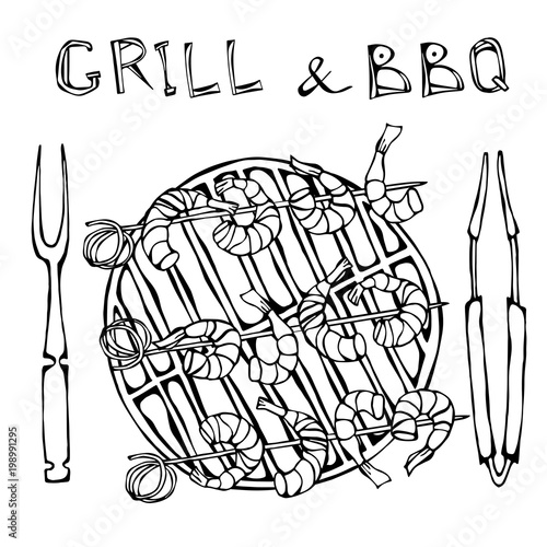 Shrimps Kebab on a BBQ Grill with Tongs and Fork. Seafood Barbecue Summer Party. Prewen on Wooden Bamboo Skewers for Canape. Realistic Hand Drawn Illustration. Savoyar Doodle Style. photo