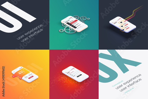Conceptual banner, booklet, brochure,card. User experience, user interface. 3d phone with the layout of the web page. Mobile application. Abstract background