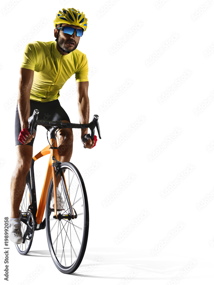 Naklejka premium Professinal road bicycle racer isolated on white