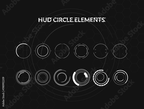Set of black and white hud circle infographic elements. Head-up display elements for the web and app. Futuristic user interface. Virtual graphic.