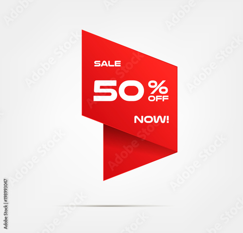 Discount origami price label, symbol for advertising campaign in retail, sale promo marketing, 50 off discount sticker, ad offer on shopping day. Special offer red tag isolated vector illustration