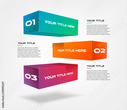 3d blocks infographics step by step. Element of chart, graph, diagram with 3 options - parts, processes, timeline. Vector business template for presentation, workflow layout, annual report, web design