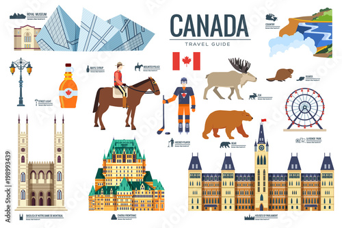 Country Canada travel vacation guide of goods, places and features. Set of architecture, fashion, people, items, nature background concept. Infographic template design for web and mobile on flat style
