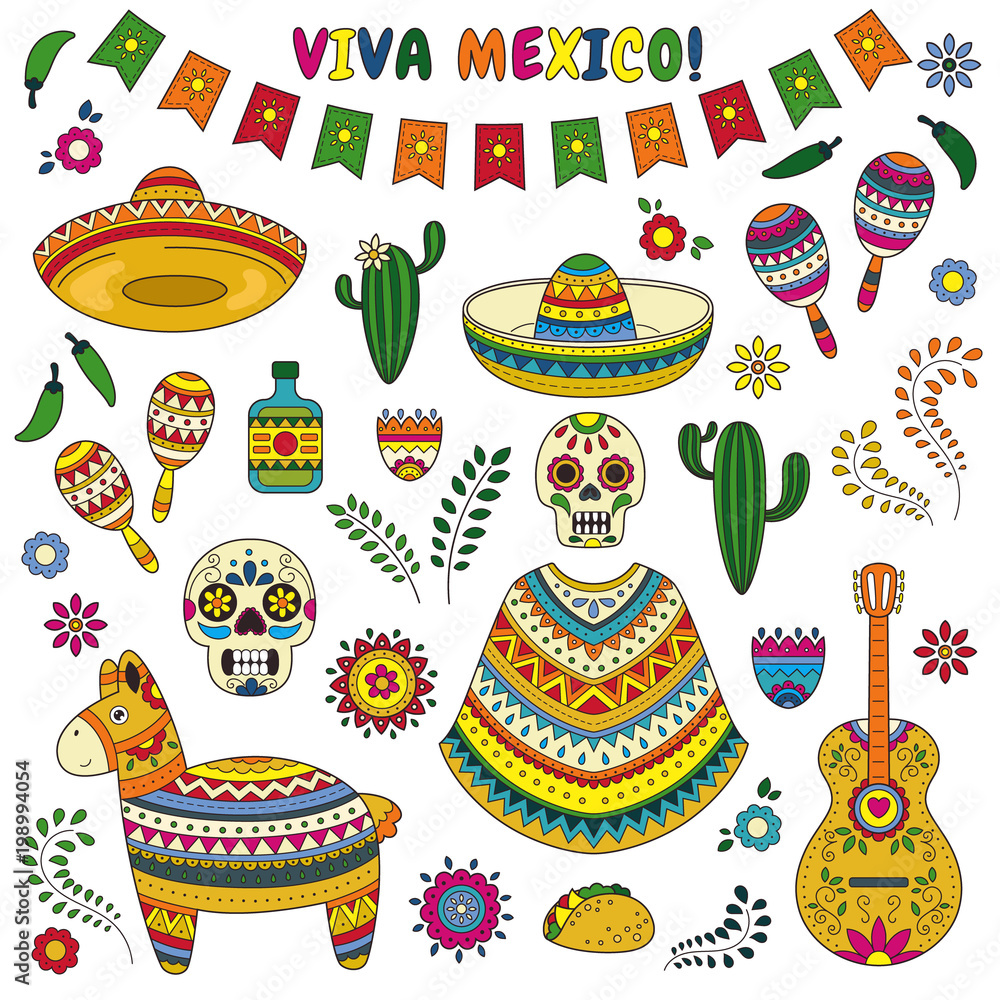 Fototapeta premium Cinco de Mayo celebration in Mexico. Cartoon doodle collection objects for Cinco de Mayo parade with pinata, maracas, sambrero, tequila, tacos, cactus, skull, flag
