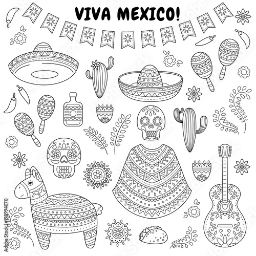 Cinco de Mayo celebration in Mexico. Cartoon doodle collection objects for Cinco de Mayo parade with pinata, maracas, sambrero, tequila, tacos, cactus, skull, flag
