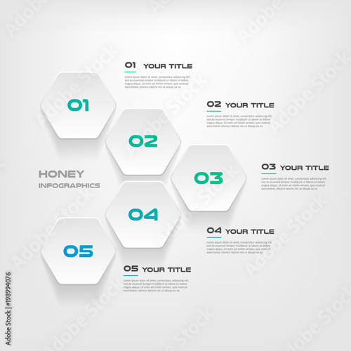 Honeycombs, gradient infographics step by step. Element of chart, graph, diagram with 5 options - parts, processes, timelines. Vector business template for presentation.Abstract background