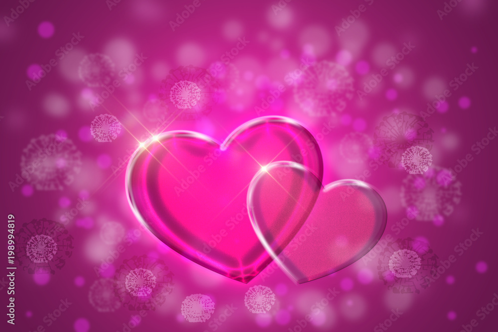 two pink glass hearts, against the background of circles and spots