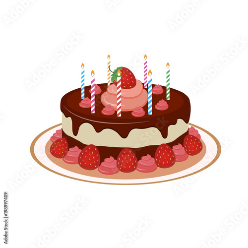Chocolate cake with cream and candles. Vector illustratio