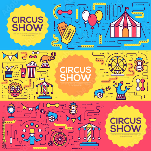 Premium quality circus outline icons infographic set. Festival linear symbol pack. Modern show template of thin line, logo, symbols, pictogram and flat illustrations vector concept banners