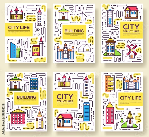 Thin line city skylines brochure cards set.  Uburban different buildings template of flyear, magazines, poster, book cover, banners. Outline invitation concept