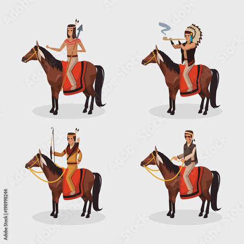 American indian warriors on horses at village cartoon vector illustration graphic design