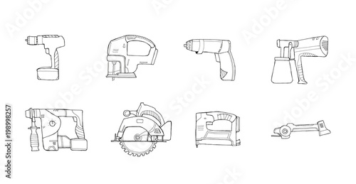 Hand drawn sketch illustration set of power tools with electric screwdriver, jig saw, screwdriver, punch, circular saw, stapler, grinder, spray gun isolated on white