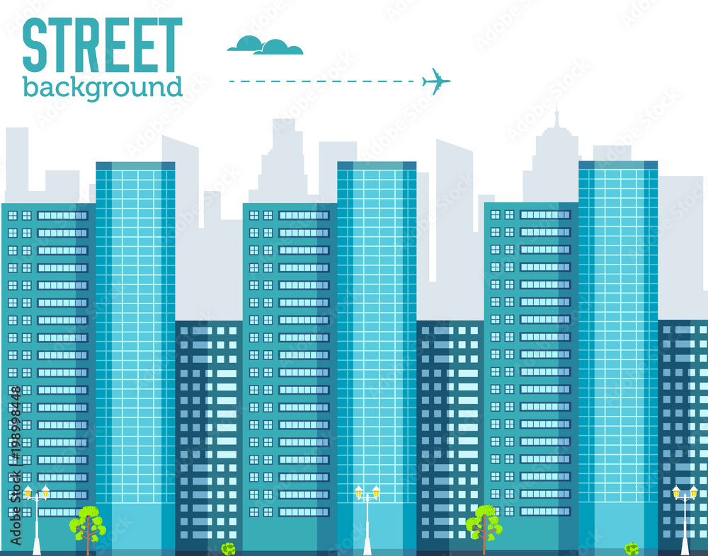 skyscraper building in city space with road on flat style background concept. Vector illustration design