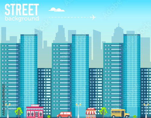 skyscraper building in city space with road on flat style background concept. Vector illustration design