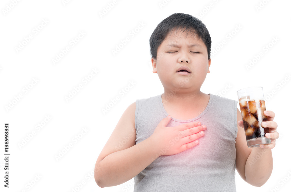 Obese fat boy suffering chest after drink cola Obese fat boy suffering chest after drink cola
