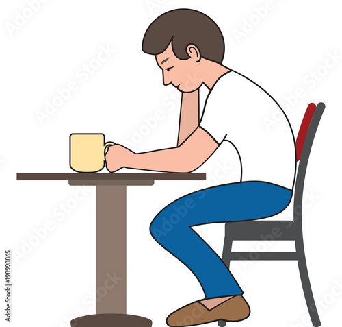 A young cartoon man is sitting at his breakfast table wearily drinking a cup of coffee