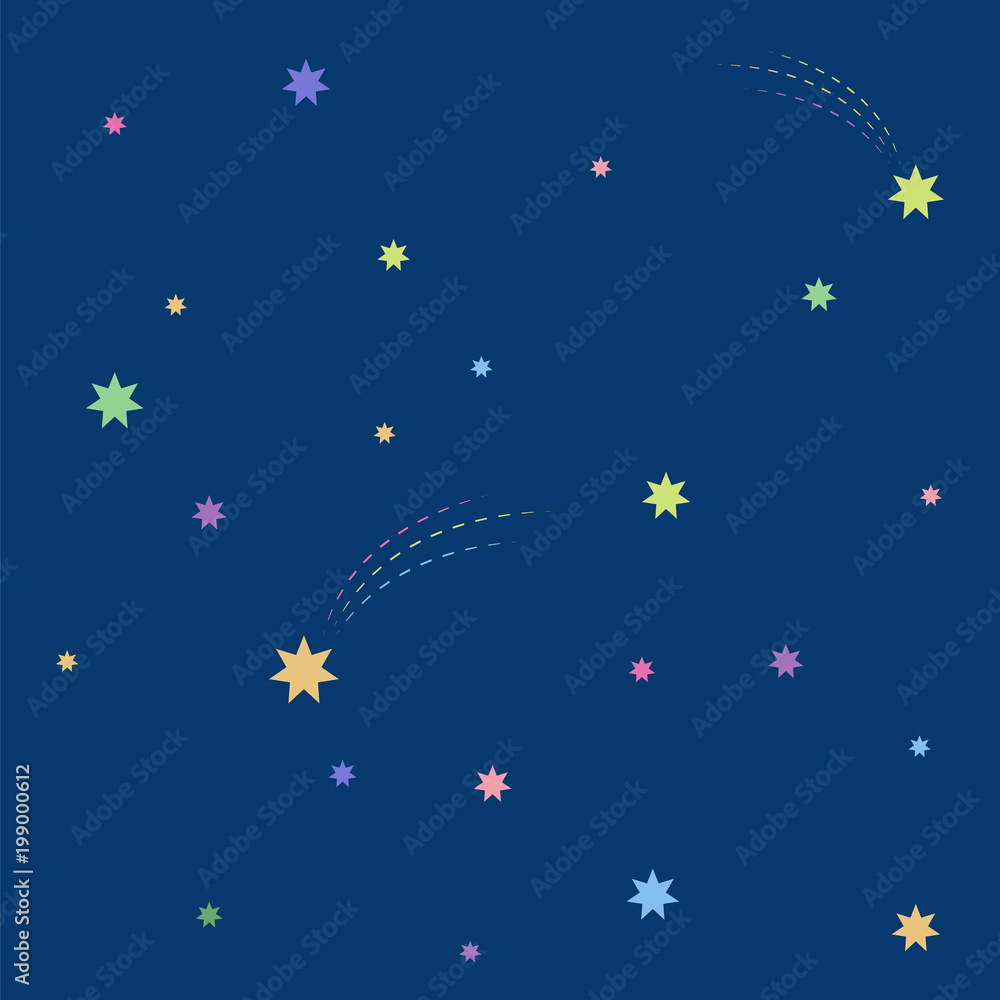 Beautiful simple colorful stars in the blue night sky seamless pattern